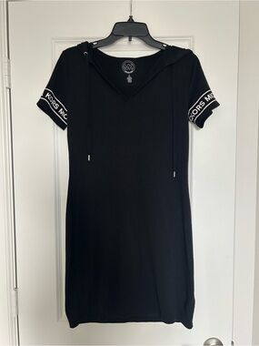 Michael Kors Black Hooded Short-Sleeve Logo-Trim Dress
